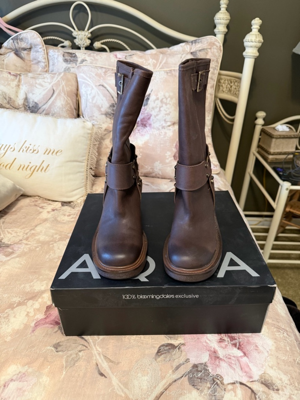 Aqua Brown Leather Combat Moto Boots